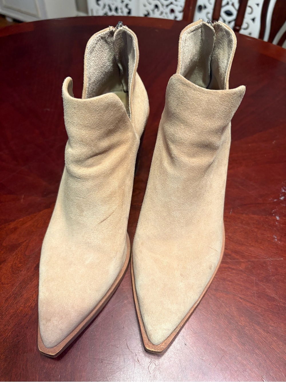 Vince Camuto Beige Suede Pointed Toe Ankle Booties
